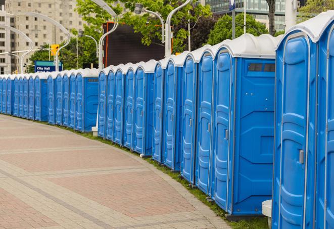 portable restrooms with sink and hand sanitizer stations, available at a festival in Adelphi